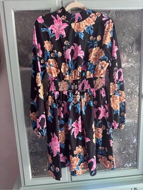 SHEIN Black Floral Smocked Waist Long Sleeve Mini Dress - Pink Blue Tan Flowers